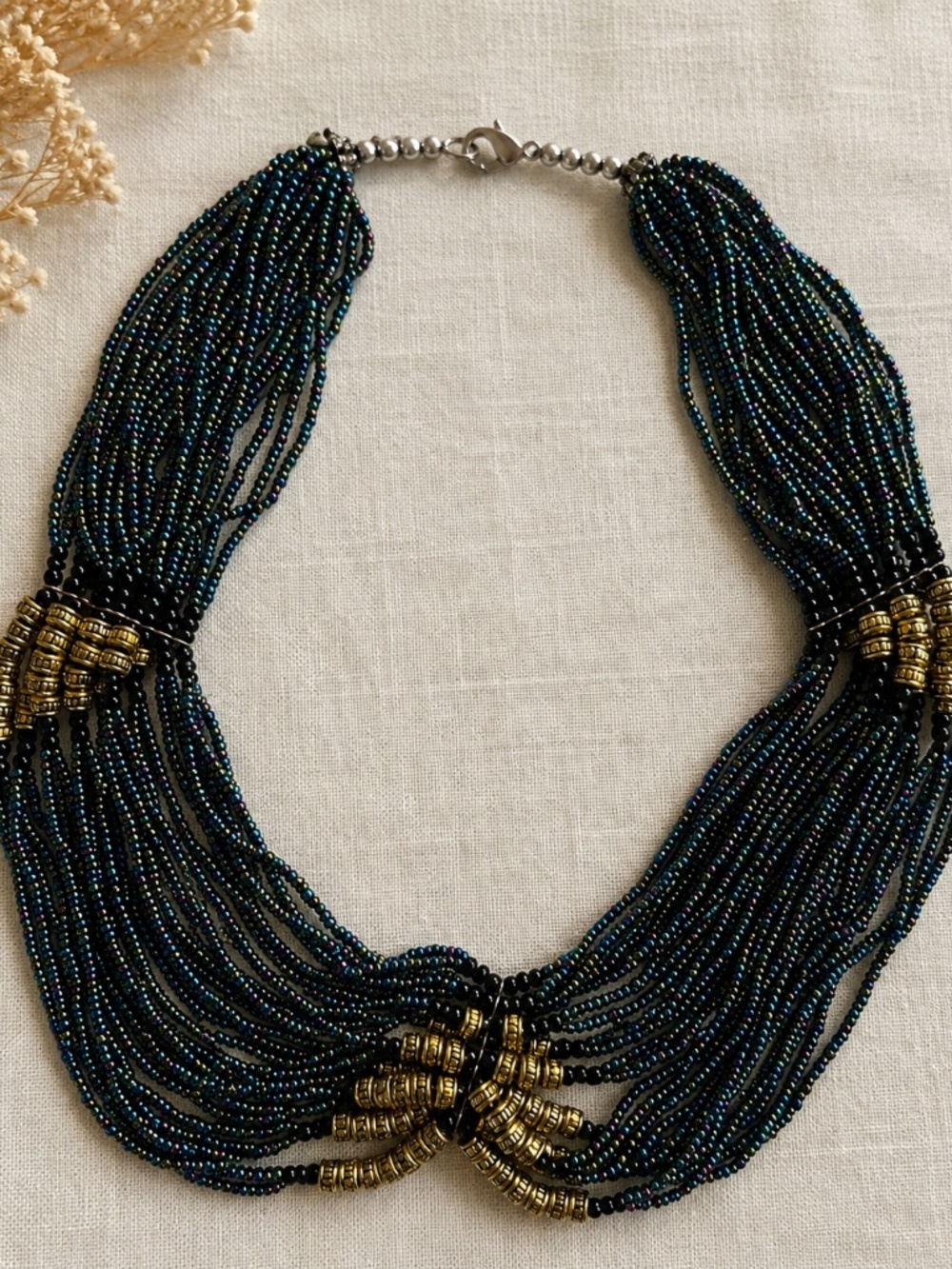 New Boho Multistrand Iridescent Seed Bead Statement Necklace Blue Green Gold